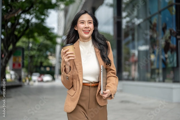 Obraz Pretty asian woman office worker holding coffee cup carrying laptop as walking outside shopping mall
