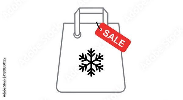 Obraz Winter Sale Shopping Bag: A minimalist illustration of a shopping bag featuring a snowflake, adorned with a SALE tag, symbolizing winter discounts and retail promotions. 