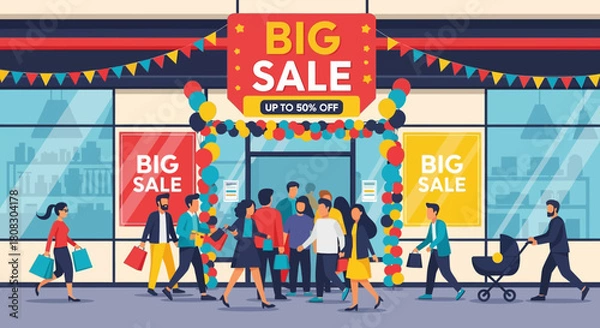 Obraz Big Sale Crowd: The exterior of a store hosts a large group of individuals, signaling the onset of a large sale and beckoning shoppers to partake in the bargains offered within.