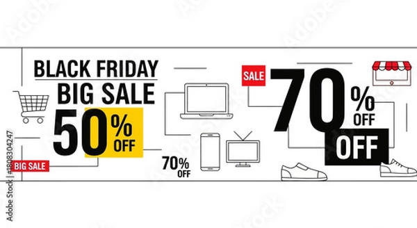 Obraz Black Friday Big Sale Banner: a graphical composition of shopping cart, computer, smartphone, television, shoes indicating a discount up to 70%.