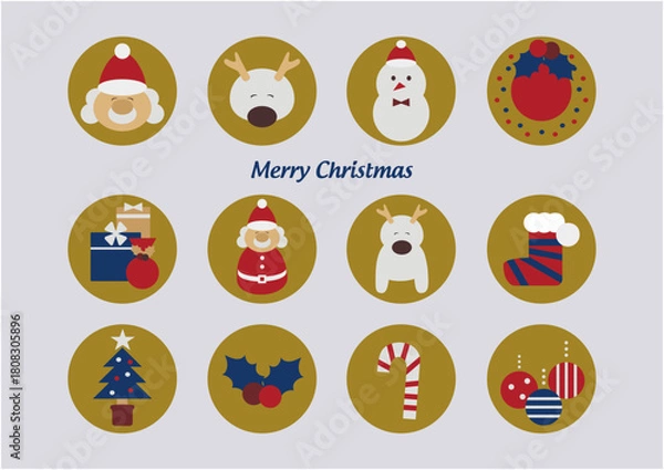 Obraz クリスマスシンボル　可愛いサンタクロースや雪だるまのアイコンラベルのセット