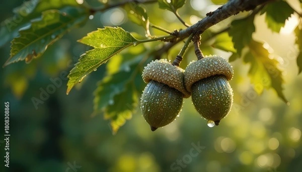 Fototapeta Close up of two acorns hanging on a branch with water droplets in a blurry green background scene