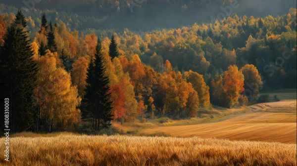 Obraz Autumn Golden Wheat Field and Colorful Woods Pastoral Scenery, Ideal for Nature Theme Design Wallpapers Posters
