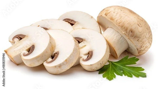 Fototapeta Cleanly sliced button mushroom with smooth edges on white background, ideal for nutrition guides and ingredient illustrations.

