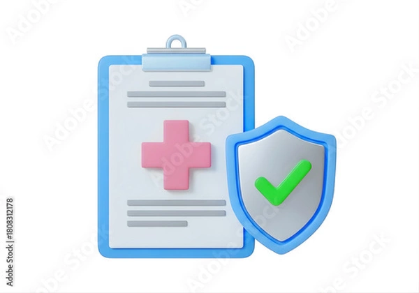 Fototapeta Medical insurance icon logo design. Health insurance sign and symbol. Medical clipboard with cross and protection shield with green tick mark. 3d icon illustration isolated on transparent background