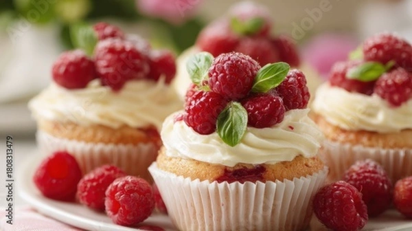 Fototapeta Delicious raspberry cupcakes sit on a white plate, adorned with fluffy cream and fresh mint leaves. The bright kitchen background adds warmth to the scene, inviting sweet indulgence.