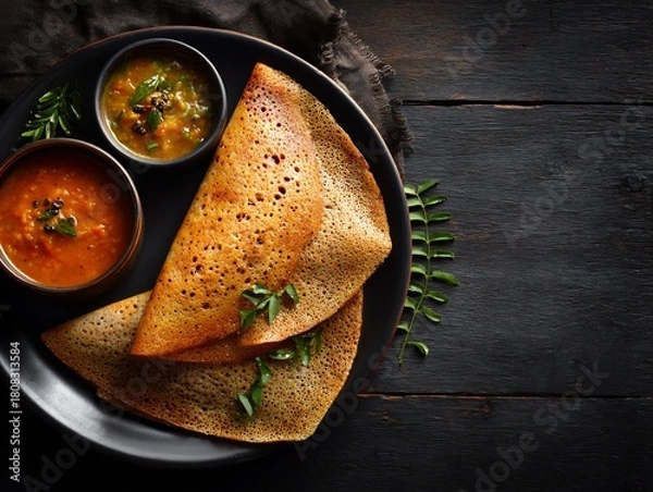 Fototapeta Delicious dosa served with sambar and chutney on a black plate, showcasing the vibrant colors and textures of south indian cuisine on a dark wooden table