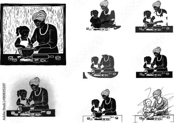 Obraz Grandmother and granddaughter baking together in kitchen, black and white vector illustration set, family cooking activity, silhouette and linocut art style.