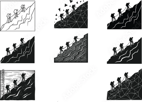 Obraz Mountaineering team climbing steep slope, vector illustration set featuring silhouette, linocut and geometric styles, hikers ascending mountain peak for adventure concept.