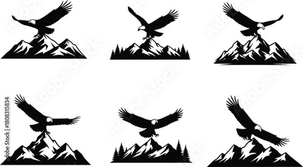 Obraz Set of bald eagle silhouettes flying over mountain peaks, isolated black vector illustration collection for logo design, outdoor adventure and freedom symbol.