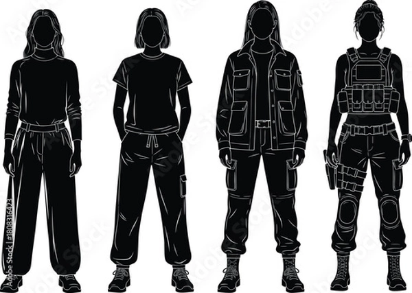 Obraz Set of female character silhouettes, woman wearing casual clothes and military tactical gear, isolated black vector illustration for game design assets.