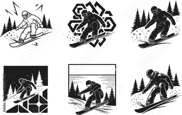 Obraz Set of snowboarder vector illustrations, male athlete riding snowboard in winter mountains, isolated black silhouette linocut styles for extreme sport design.