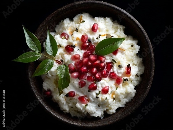Fototapeta Overhead shot of curd rice, a south indian dish, garnished with pomegranate seeds and curry leaves in a bowl against a dark background, top view