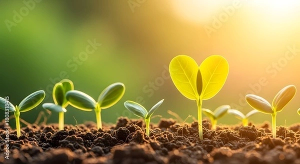 Fototapeta Fresh green seedlings sprouting in fertile soil with golden light
