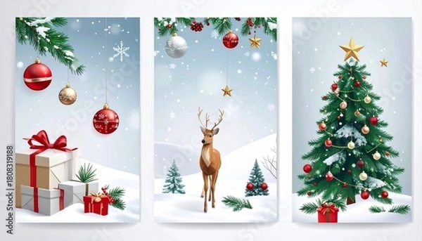 Obraz A trio of Christmas-themed posters showing a reindeer, gift boxes, and a decorated Christmas tree, each bordered by festive ornaments and snowflakes against soft winter backgrounds.