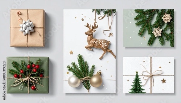 Fototapeta A neatly arranged holiday flatlay featuring wrapped gift boxes, evergreen branches, ornaments, and a golden reindeer figurine placed on a clean, bright surface.