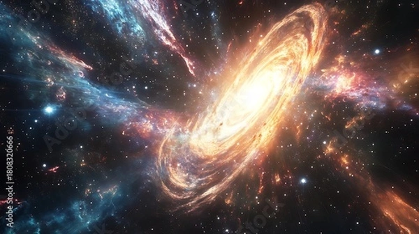 Fototapeta A cosmic abstract with swirling nebulae, stars, and light beams in deep space