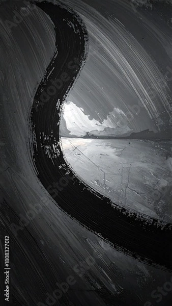 Fototapeta An abstract, vertical-oriented painting features a dark brushstroke curving over a serene landscape, mostly monochrome