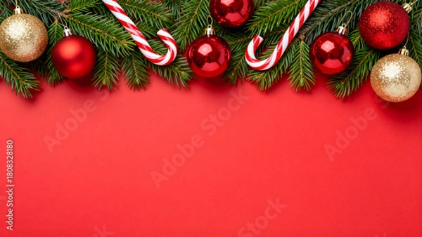 Fototapeta  Christmas Border with Pine Branches, Candy Canes, and Red and Gold Ornaments on Red Background