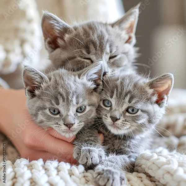 Fototapeta Sweet Grey Tabby Kittens Cuddled Together