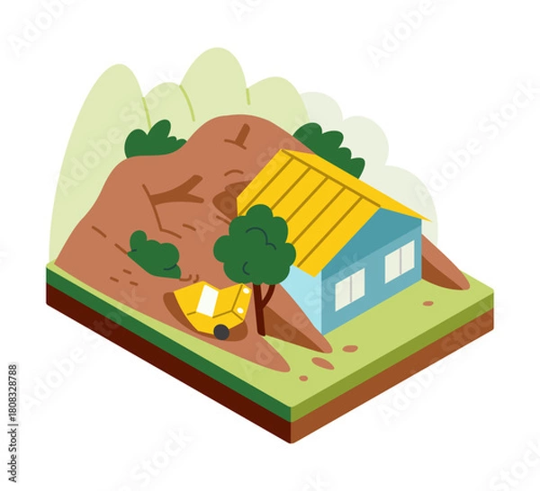 Obraz Flat isometric landslide scene. House and vehicle buried by hill collapse. Vector illustration isolated on white background