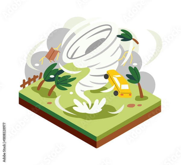 Fototapeta Flat isometric tornado disaster scene. Flying car and debris in storm funnel. Illustration isolated on white background 