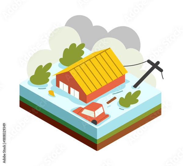 Fototapeta Isometric natural disaster flood concept with flooded house, car, and tress submerged in heavy rain. Vector illustration isolated on white background