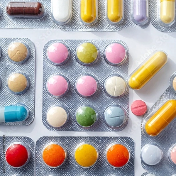 Fototapeta Assorted pills and capsules, arranged in blister packs and loose on a white surface, top-down view
