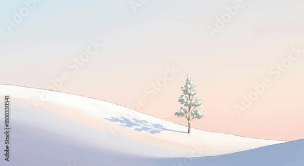 Fototapeta Solitary Tree On A Snowy Hill With Soft Colors Background