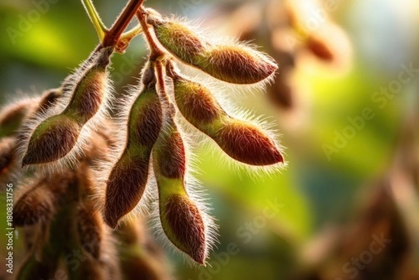 Fototapeta Close up of soybean pods illuminated by sunlight