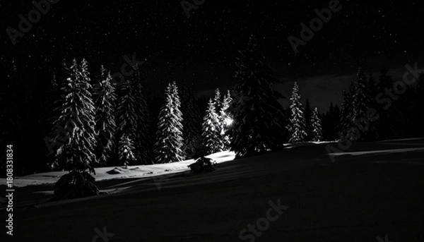 Fototapeta A dramatic nighttime winter scene featuring snow-covered trees illuminated by soft light, creating a serene and moody forest atmosphere.