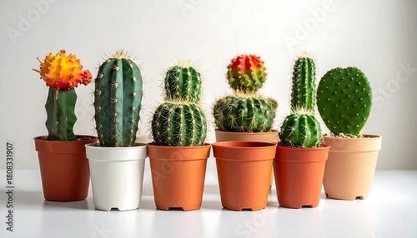 Fototapeta Assorted potted cacti in terracotta and white pots sit on a white surface against a light grey background