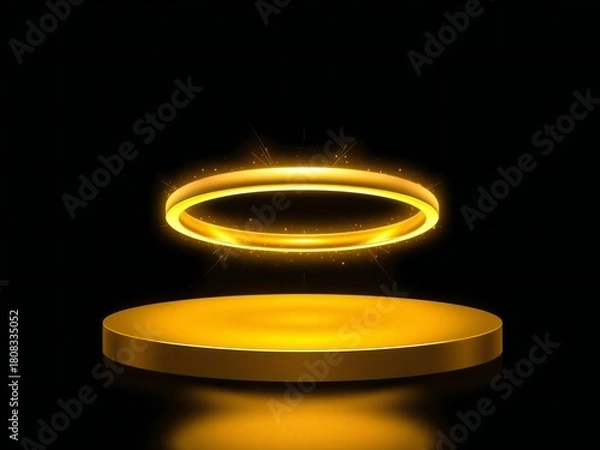 Fototapeta Golden ring of light levitating above a circular platform