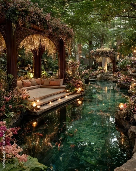 Fototapeta Serene Garden Oasis with Fairy Lights and Tranquil Water Features