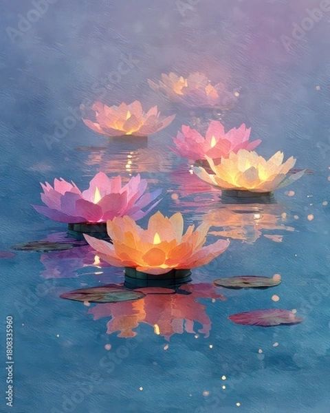 Fototapeta Serene Water Lilies with Illuminated Blossoms on Calm Water Surface