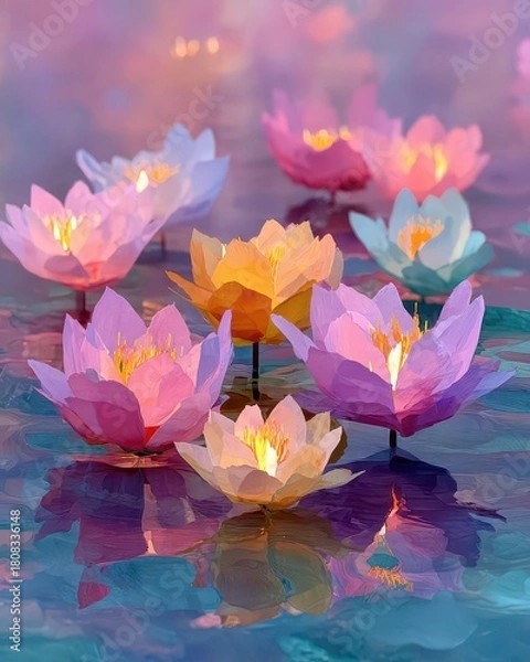 Obraz Colorful Lotus Flowers Reflecting in Calm Water Surface at Dusk