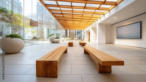 Fototapeta Modern art gallery interior with minimalist design and wooden benches. Contemporary architectural space with a glass wall and skylight. Empty museum hall with natural light