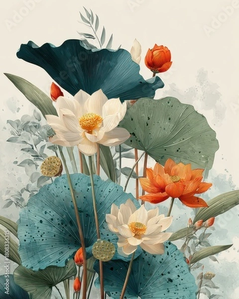 Obraz Beautiful Floral Composition with Lotus Flowers and Green Leaves