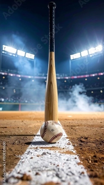 Obraz Baseball and bat at stadium, focus on ball in front of home plate; stadium is filled with smoke and crowd