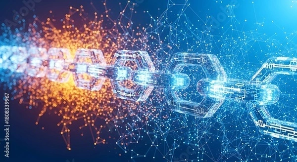 Fototapeta A blockchain concept visualization featuring interconnected blocks with glowing nodes, representing secure data transfer and digital connectivity in cyberspace