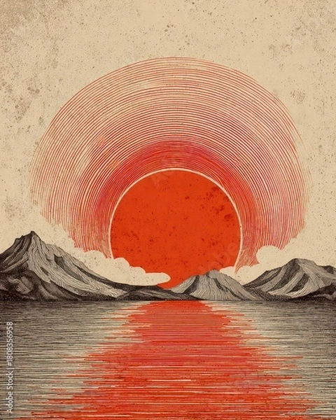 Obraz Vivid Red Sun Setting Over Mountain Range with Calming Water Reflections