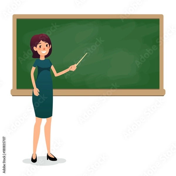 Fototapeta Cartoon flat women with pointer in the classroom near the blackboard is teaching a lesson. Yang female teacher at the university is giving a lecture. Flat teacher on lesson showing on board. Empty