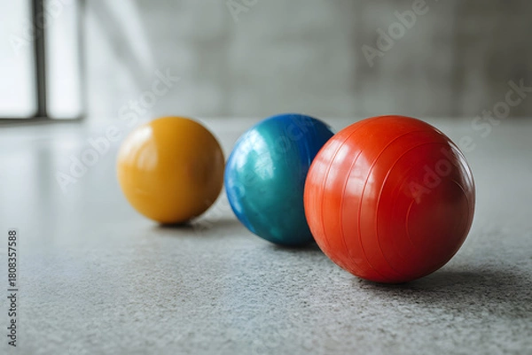Obraz Three colored gymnastic balls on a gray floor of a room