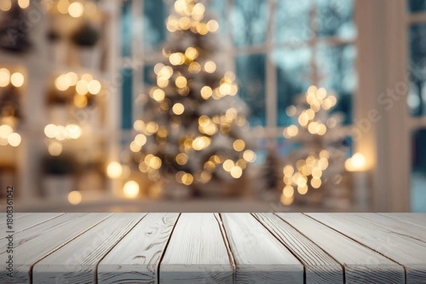 Obraz White Wooden Table with Blurred Christmas Tree Lights Background