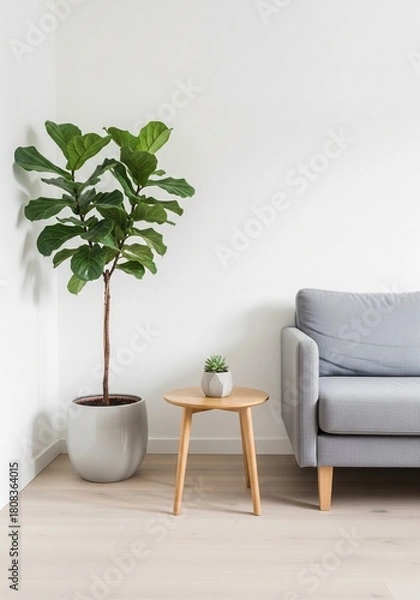 Fototapeta Minimalist interior design featuring a potted fiddle leaf fig tree next to a grey sofa and wooden side table