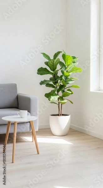 Fototapeta Modern minimalist living room interior design featuring a large vibrant green potted plant, creating a fresh and serene atmosphere with natural light and clean decor