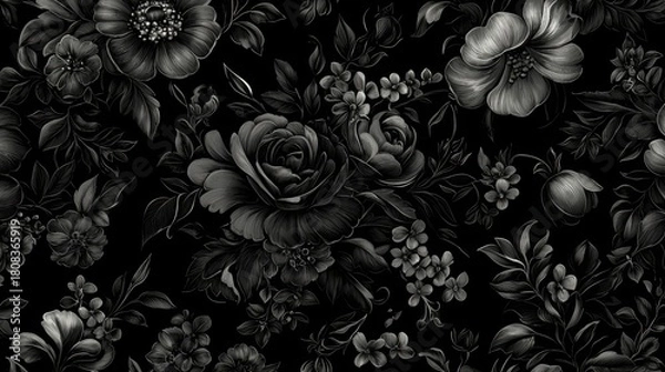 Fototapeta Elegant black blossoms create a striking visual against a dark background.