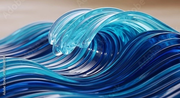 Fototapeta Abstract Blue Glass Wave Surfing Ocean Motion 3D Render