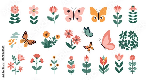 Obraz Delightful floral and butterfly collection for spring designs, perfect for invitations and cheerful, nature-inspired projects, adding a touch of whimsy