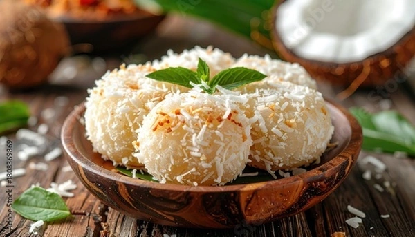 Obraz Close-up shot of several coconut sweets on a wooden plate, adorned with a fresh green leaf. The presentation suggests a culinary delight, emphasizing the textures and flavors